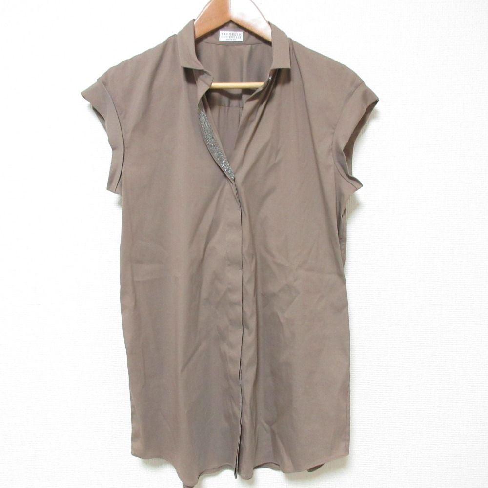 BRUNELLO CUCINELLI ブルネロクチネリ ストレッチ モニーレ ノースリーブ シャツ ブラウス サイズM モカ レディース 古着