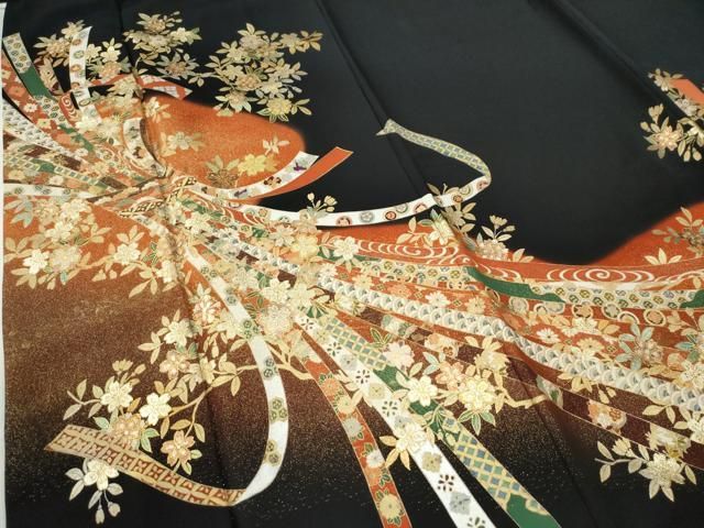 平和屋着物○豪華黒留袖 作家物 駒刺繍 束ね熨斗草花文 暈