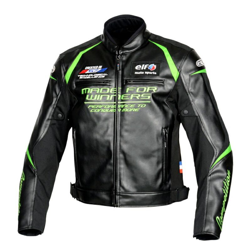 メーカー正規品 エルフ Elf エボルツィオーネPUレザージャケット ブラック＆グリーン EJ-W108-BG-S バイク用 S