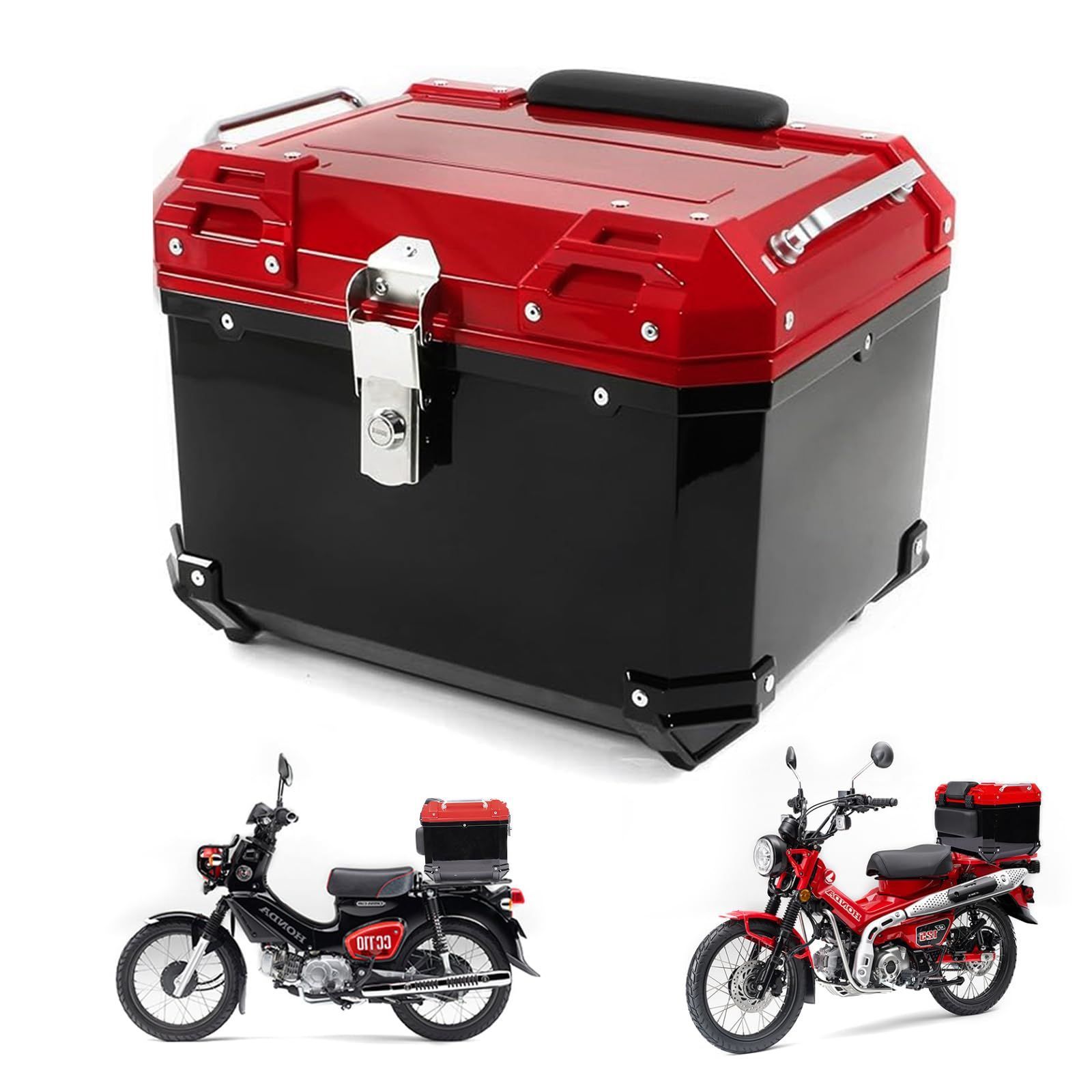 HI-LINEバイクリアボックス カブリアボックス トップケース 45L バイクケース バイクボックス ハンターカブ|クロスカブ|スーパーカブリアボックス IP68防水 防塵 キーロック 防犯対策 耐衝撃 四角 取付ベース付 バックレスト付き フル