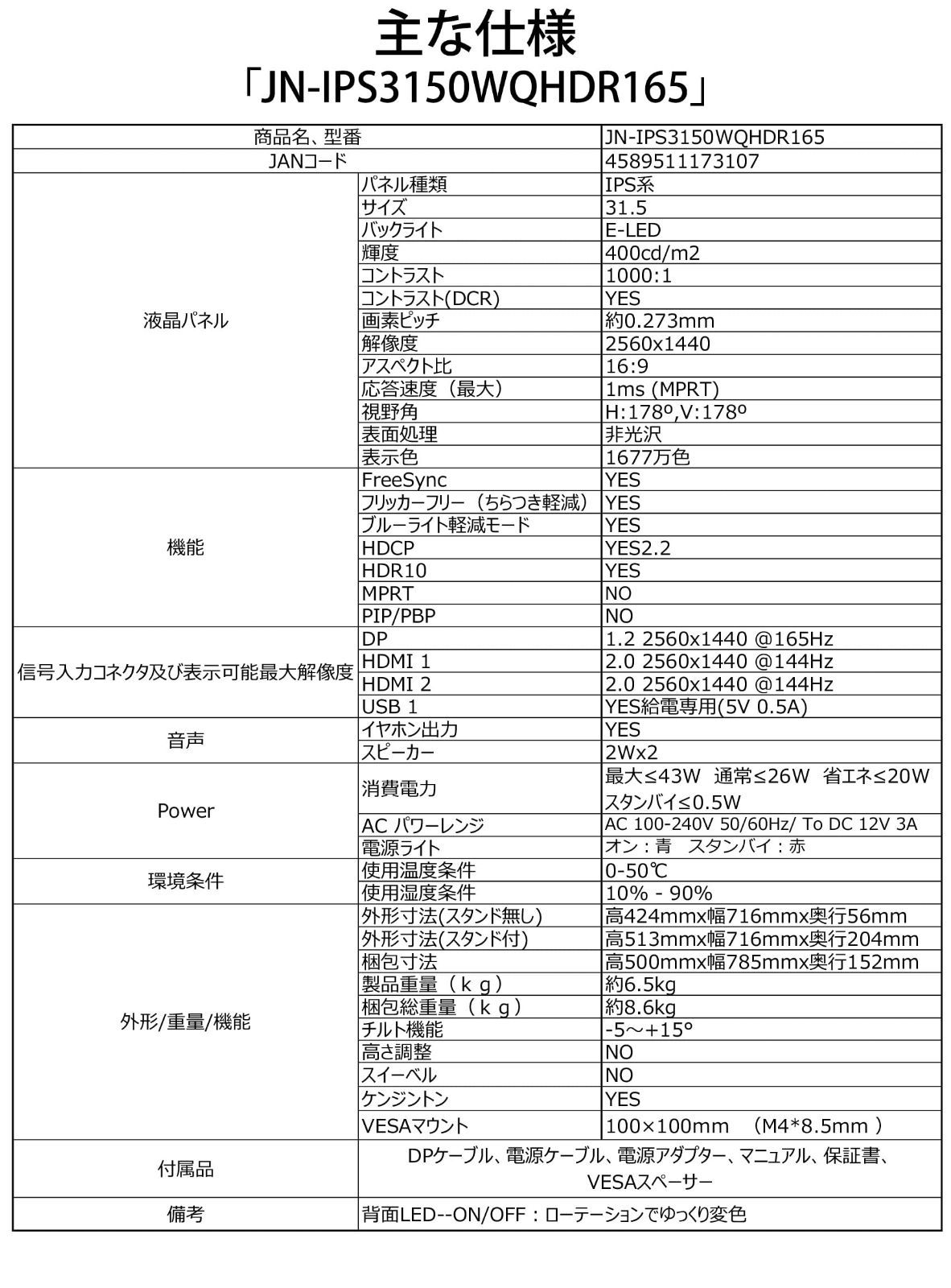 特価商品】JN-IPS3150WQHDR165 HDMI WQHD解像度（2560x1440）165Hz対応 ...