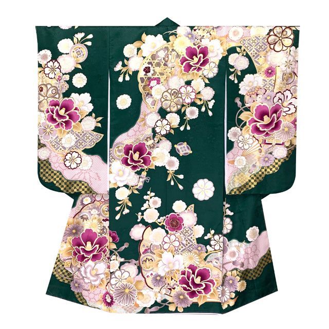七五三 着物 7歳 コーディネートセット 金駒刺繍 上質合繊 7歳 四つ身の着物と結び帯 フルセット 深緑 椿と雪輪 TSRKsc-Di25-943WM