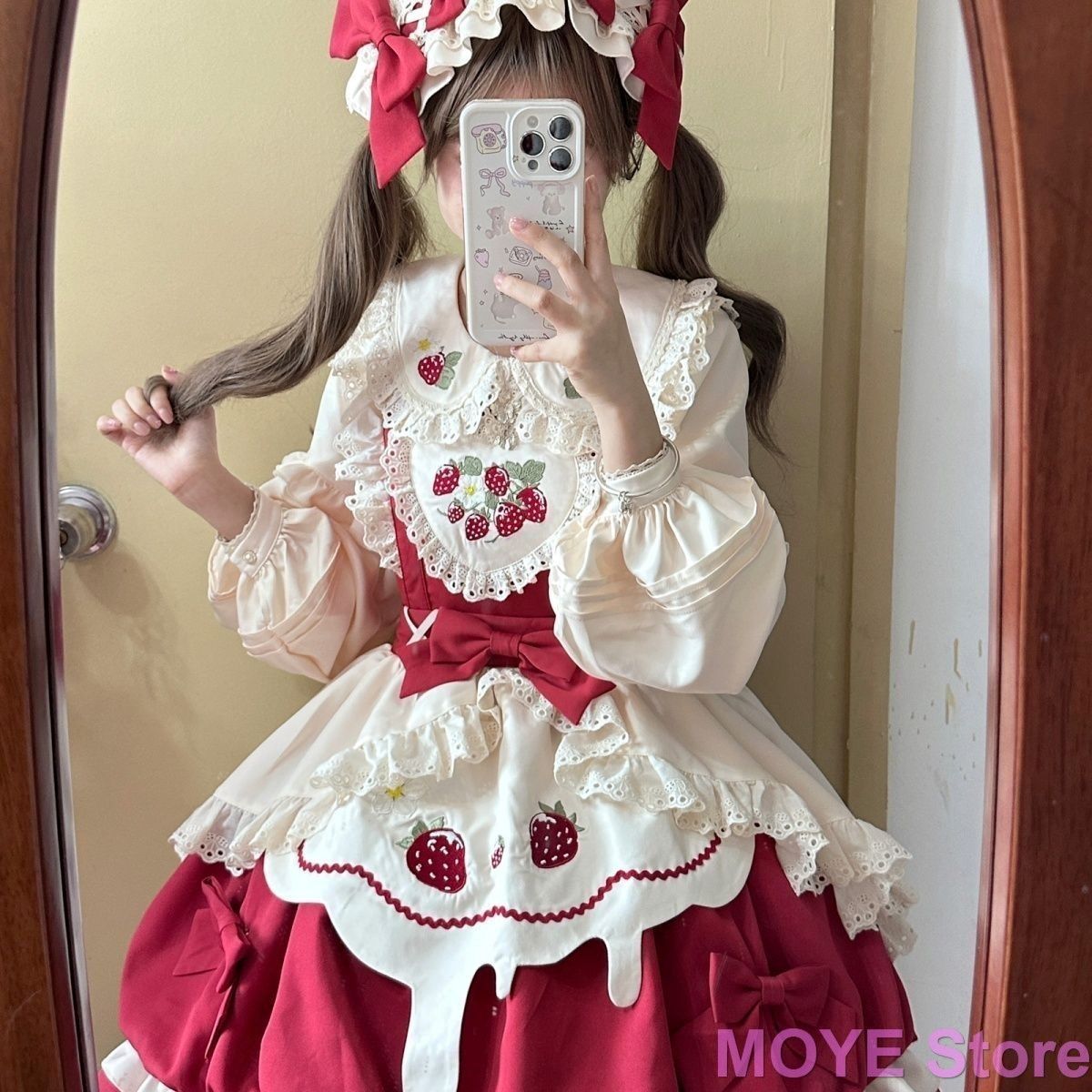 全 苺柄 ロリータワンピース JSK 甘ロリデザイン リボン付き フリル装飾 ピンクドレス 撮影 イベント用 S～XLサイズ 331
