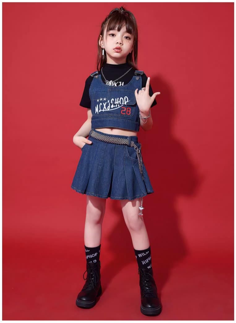 3点セット キッズダンス ヒップホップ HIPHOP HIP HOP K-POP 韓国 ガールズ ダンスコンテスト 発表会 子供ダンス衣装 おしゃれ ダンスファッション ダボパン 半袖 ジーンズ