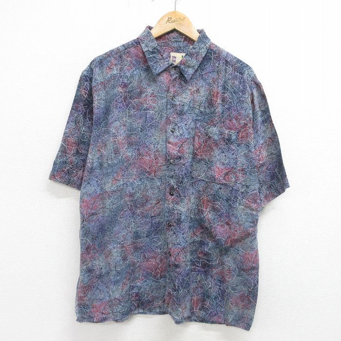 XL/古着 半袖 シャツ メンズ 90s 総柄 大きいサイズ レーヨン 紺他 ネイビー 24jun14 中古 トップス