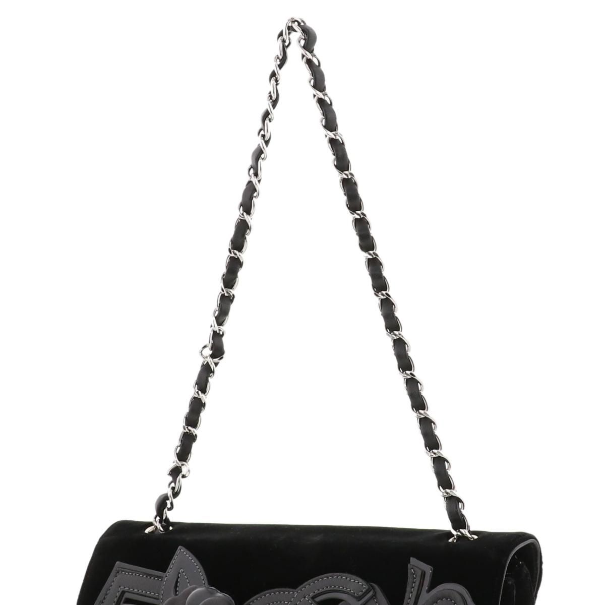 シャネル カメリア柄 ボーリングバッグ ベロア ブラック CHANEL （シャネル） カメリア・チェーンショルダー バッグ