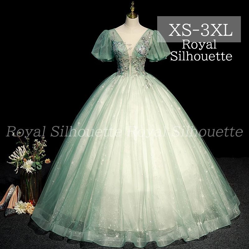 パーティードレス ナイトドレスドレス パフスリーブ グリーン 緑 豪華 透け感 結婚式 大きいサイズ 謝恩会 XS S M L XL LL 2XL XXL 3XL XXXL パーティー 紐タイプ 姫系 発表会 ロング丈 プリンセス 花