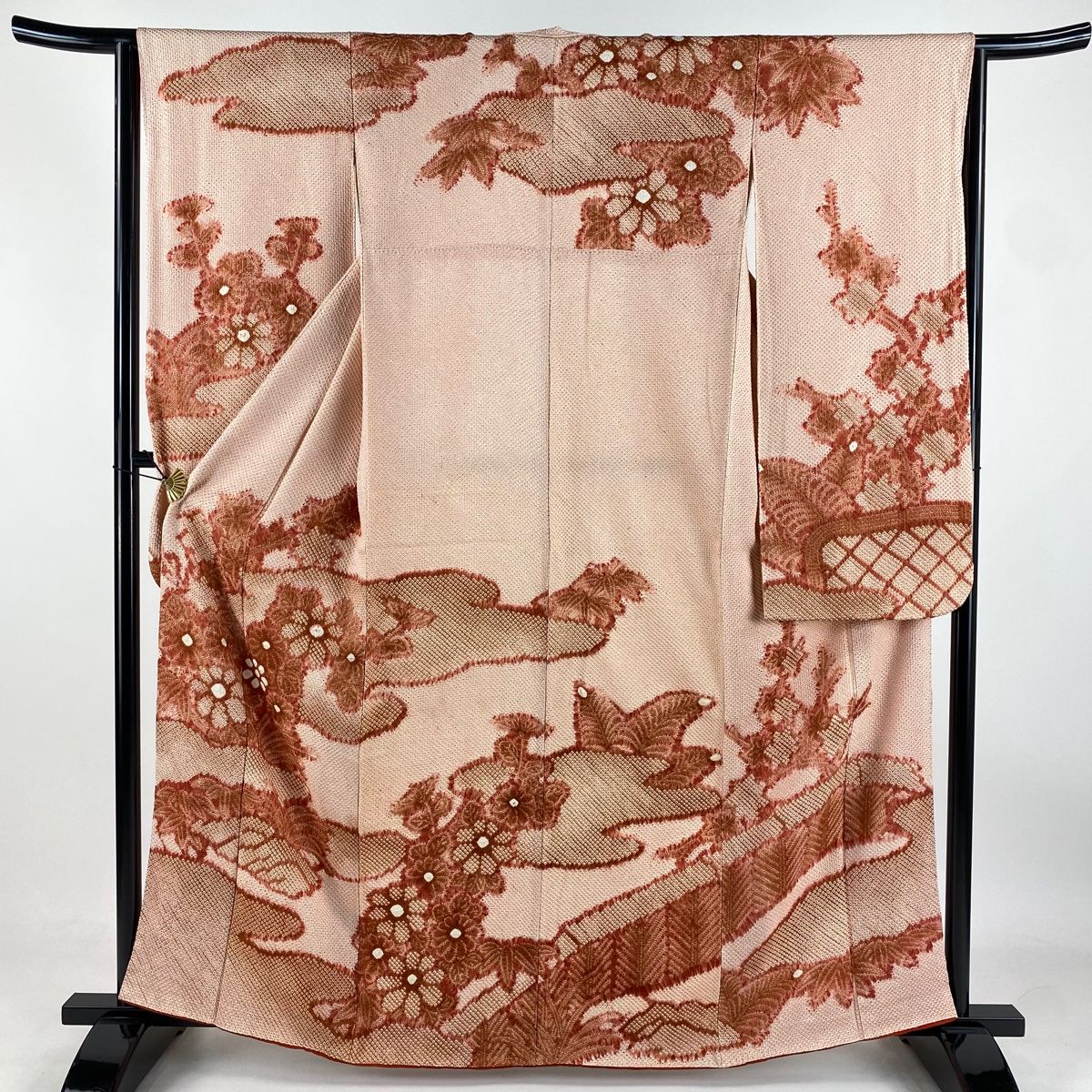 振袖 身丈162cm 裄丈65cm M 袷 草花 霞 総絞り ピンク 正絹 秀品