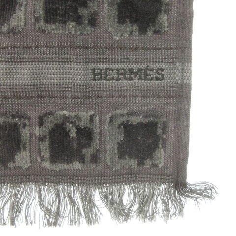 エルメス HERMES 2006年 銀座 ハンドタオル ハンカチ パイル フリンジ ロゴ刺繍 総柄 グレー |MN8 GY19