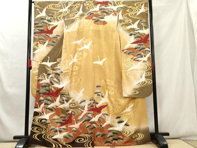 平和屋着物□豪華振袖 駒刺繍 流水飛鶴松文 暈し染め 金彩 正絹