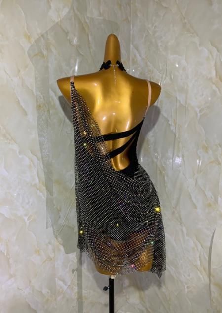 ラテンドレス ラテンワンピース ダンス衣装 ブラック オールストーン S M L