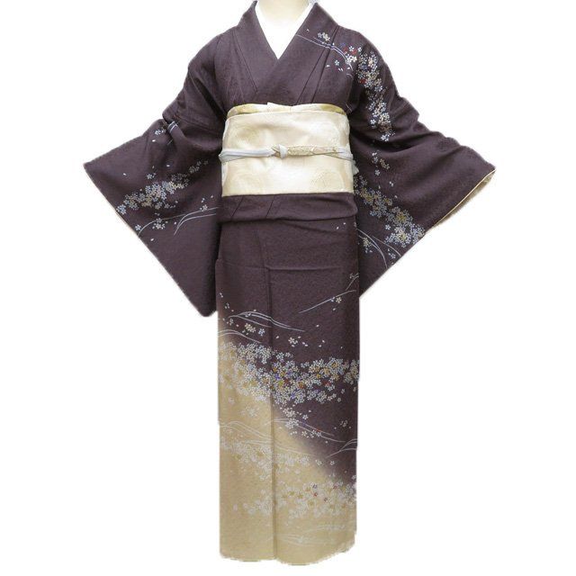 訪問着 着物 中古 正絹 袷 波に桜の図 煤竹色 枯草色 金銀 A1197