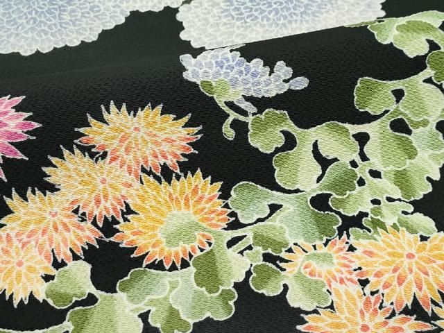 平和屋着物□極上 九寸名古屋帯 友禅 草花文 黒地 鬼しぼ縮緬 逸品