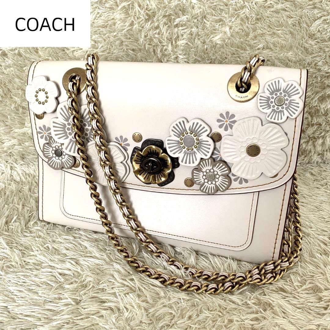 美品◎コーチ COACH 54669 ティーローズ アップリケ ショルダーバッグ 肩掛け　バッグ　カバン　チェーン　ホワイト　花柄　ローズ　2WAY  フラワー　ターンロック　バラ　レザー