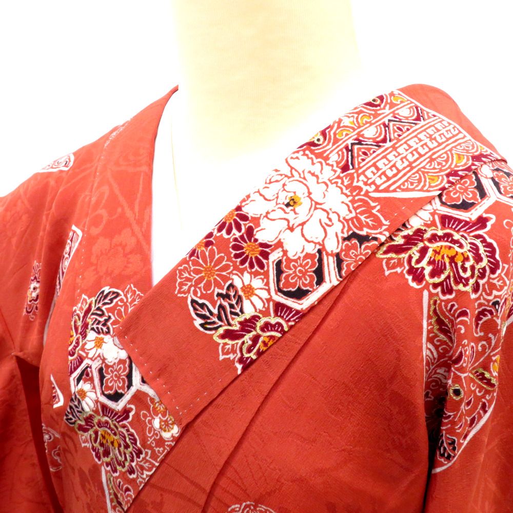 アンティーク 袷 茶 白 赤 黒 金 花 地模様入 バチ衿 正絹