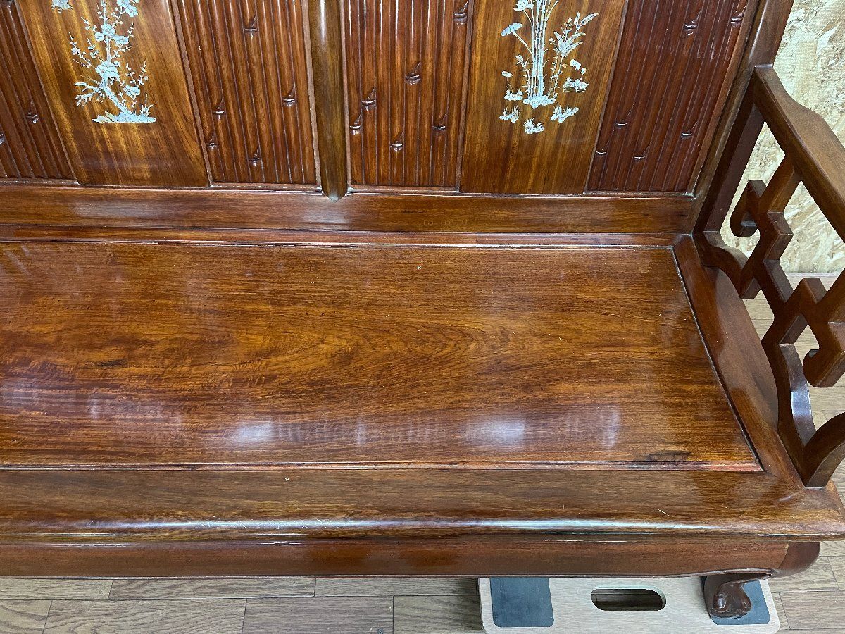 引き取り□花梨 唐木 螺鈿細工 ソファベンチ イス 長椅子 木製