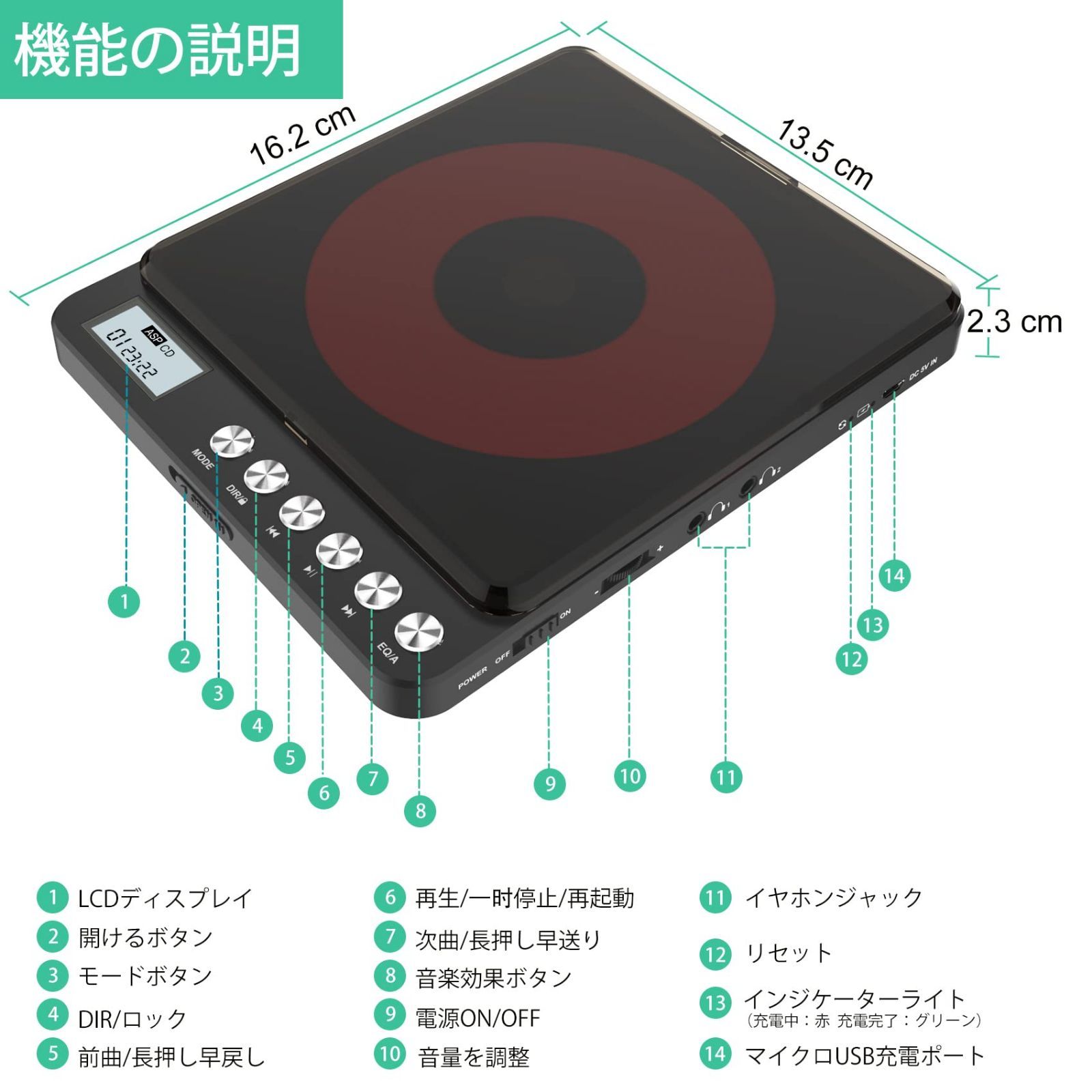 ポータブルCDプレーヤー 2000mAh 充電式コンパクトパーソナルCD