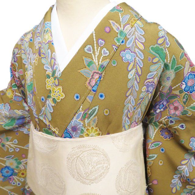 小紋 着物 正絹 袷 カジュアル 花模様 辻が花模様 桑茶色 多色 身丈167cm 裄67cm L トール きもの北條 A1282-8