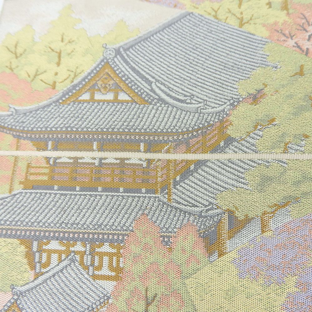 中古】袋帯 風景柄 寺院 春 桜 グリーン 薄ピンク パステルカラー  