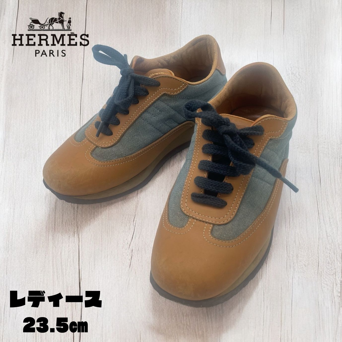 良品★HERMES・クイック レザー デニム地コンビHロゴスニーカー(36.5) 良品☆HERMES・クイック レザー デニム地コンビHロゴスニーカー