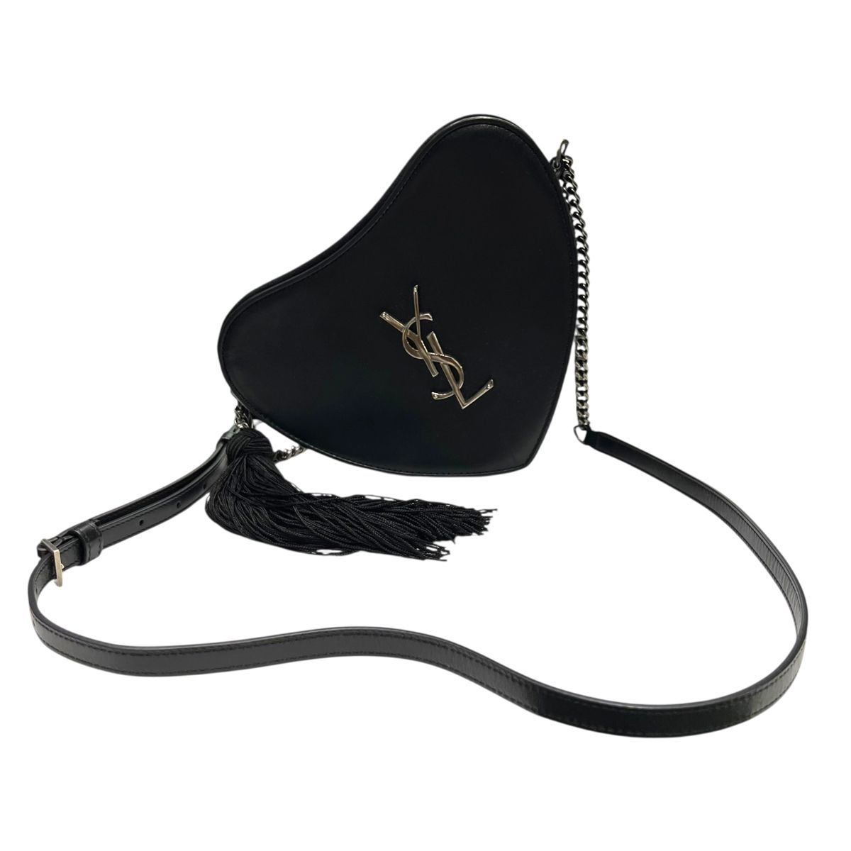 Saint Laurent サンローラン ハートフリンジ ショルダーバッグ 黒 レザー 540694 YSLロゴ チェーンバッグ レディース 24019083 HO