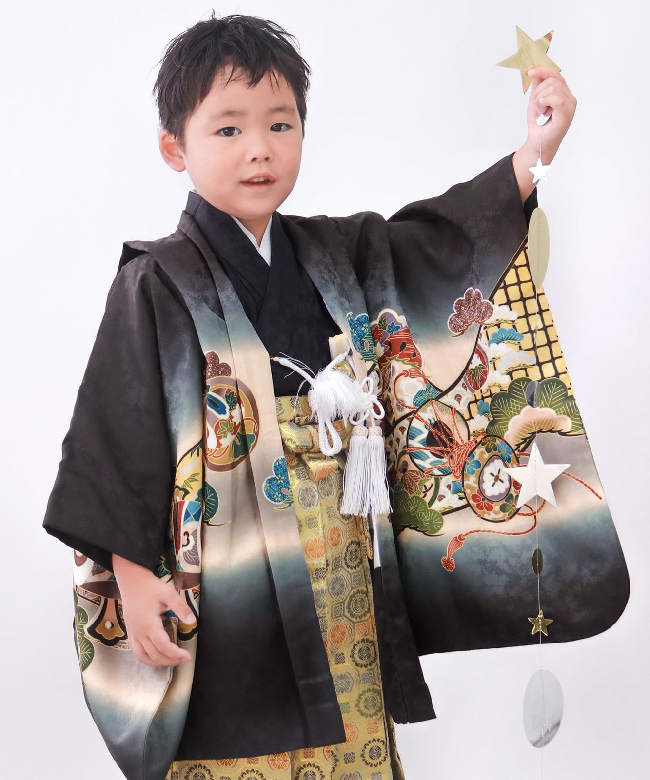KYOETSU キョウエツ 七五三 5歳 男の子 着物 セット 羽織 袴 フルセット 753 絵羽 A 04 鷹太鼓-黒 金襴