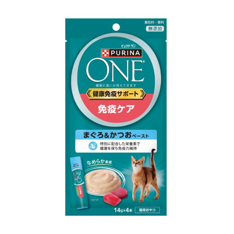 ネスレピュリナ ピュリナワン 猫用おやつ 免疫ケア まぐろ＆かつおペースト 14g×4本入×26袋セット ネスレ モンプチ 水分補給 キャットフード ウェットフード まとめ買い 多頭飼い パウチ 子猫 成猫 高齢猫 シニア猫