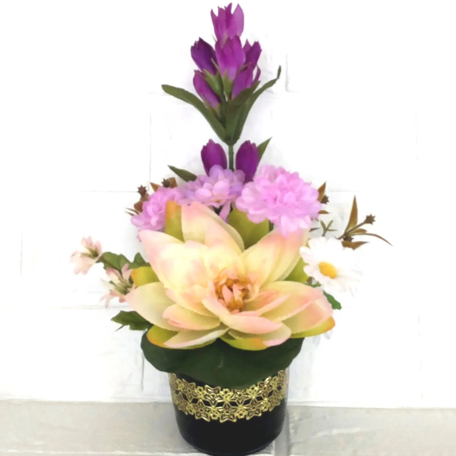 ♕* 大きな蓮の 大きめ仏花 ♤* ペットお供えにも♪ 造花   花器付き ♧* ♕* 大きな蓮の 大きめ仏花 ♤* ペットお供えにも♪ 造花 花器