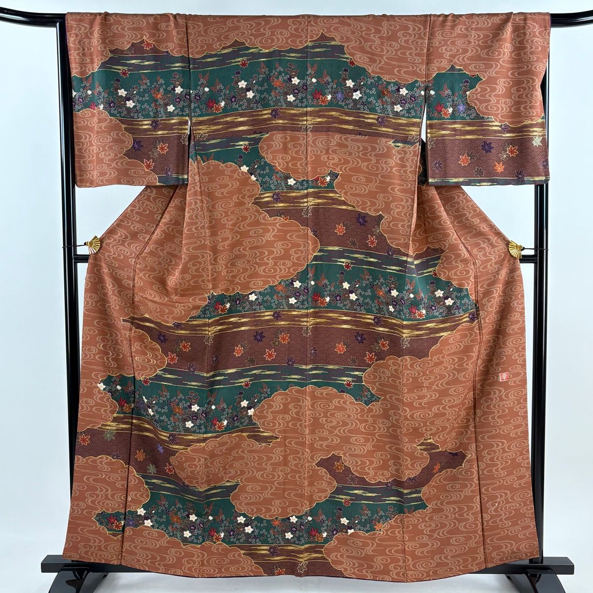 訪問着 身丈158.5cm 裄丈66.5cm M 袷 花井幸子 落款 観世水 雲文 金糸 金彩 茶色 正絹 名品
