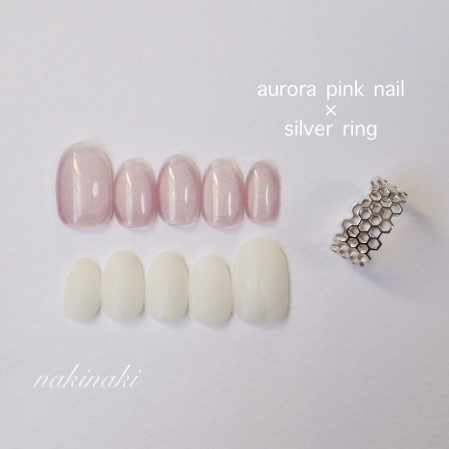 【2点セット】aurora pink white x silver ring set ネイルチップ　Sサイズ　リング　925シルバー　ピンク