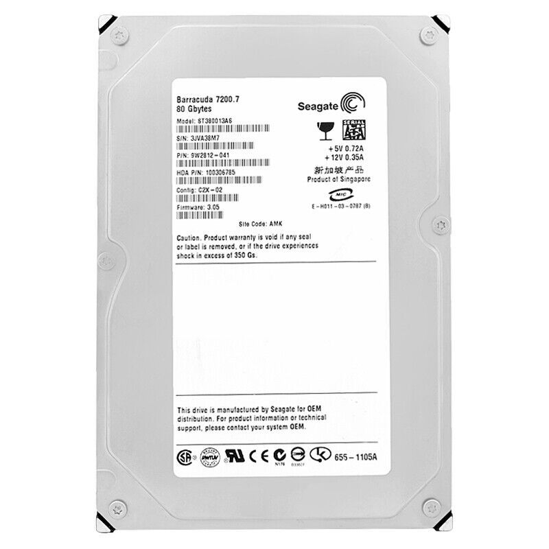 Hard Drive Seagate 80GB ST380013AS 8MB Cache 7200RPM Sata II 3.5