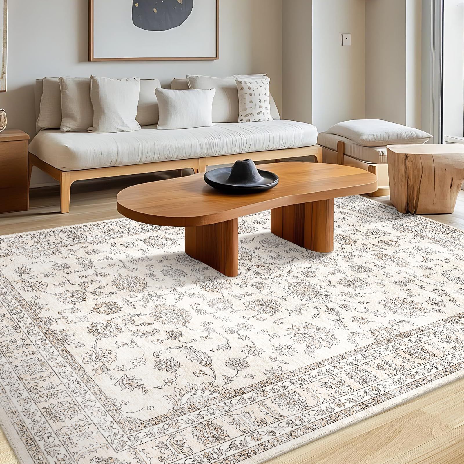 Phonzenuo 洗える ラグマット 3畳 200×250cm 滑り止め付き 長方形 軽量 ペルシャ風 花柄 キャメル 大型 リビング ダイニング ベッドサイド オールシーズン対応