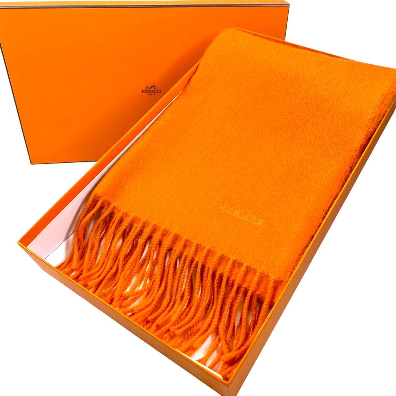 2505 HERMES エルメス カシミヤ マフラー オレンジ 箱付き - メルカリ