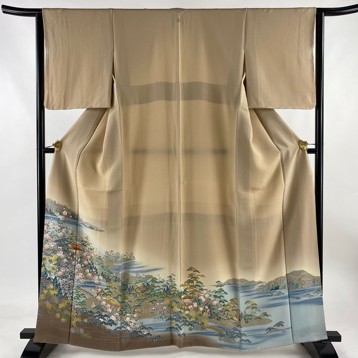 色留袖 身丈162cm 裄丈63.5cm S 袷 風景 建物 ぼかし ベージュ 正絹 秀品 一つ紋