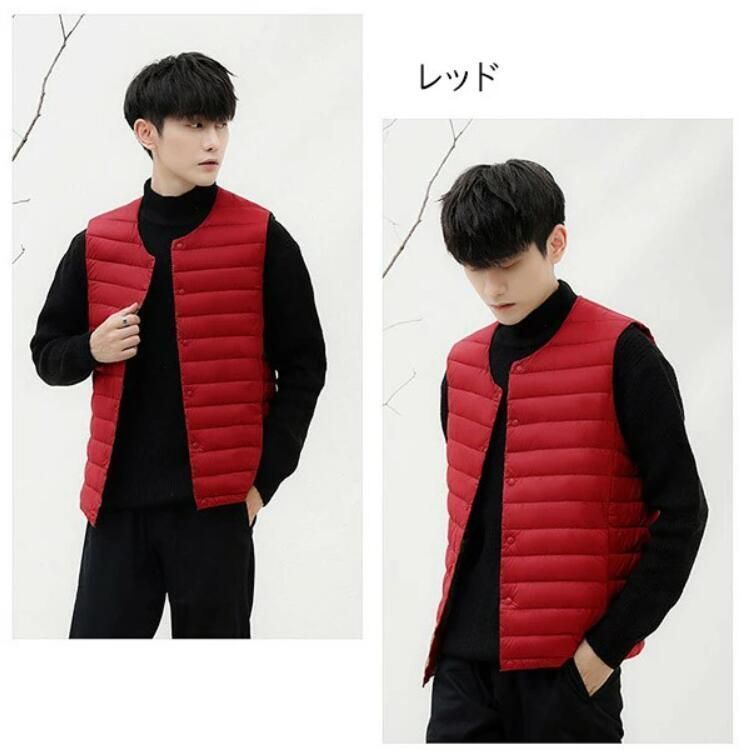 ★メンズ ダウンベスト レッド S 収納袋付き 軽量 インナーダウン 防寒 作業着 登山 キャンプ アウトドア ゴルフ スキー スノボー 冬春 ライトダウン 暖かい dm205t2