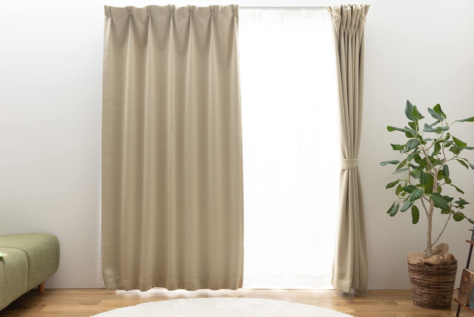 ベージュ_幅100cm×丈190cm ユニベール すぐに使えるセットカーテン(レース付き) 1級遮光 UV70%以上 ミラー 省エネ 幅100cm×丈190cm 4枚組 洗える ベージュ ブリンク