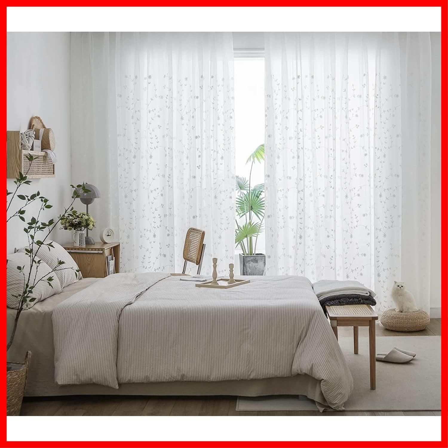 Ponoa(ポノア) 高級 刺繍 花柄 レースカーテン 2枚組 (ピンク 横幅100cm×丈210cm) ジャスターフック付き おしゃれ ボイルカーテン R-1 高級 刺繍 レースカーテン アジャスターフック付き 花柄 北欧 西洋風 ボイルカーテン (2枚入り・横幅100cm×丈183cm)