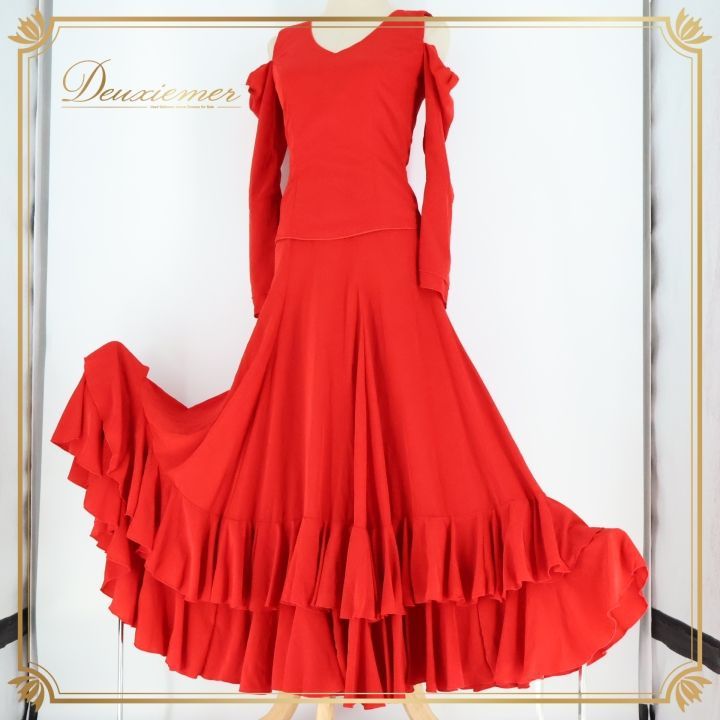 フラメンコ 衣装 トップス ファルダ スカート HERMOSA IBERIA エルモサ イベリア 赤 無地 ボランテ フリル セットアップ ツーピース 上下セット レッド系 ダンス パーティ 発表会 フラメンコ ダンス衣装 セットアップ 赤衣装