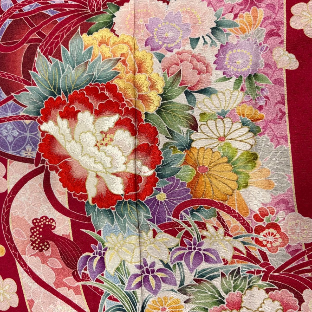 振袖 身丈171cm 裄丈70cm L 袷 鈴乃屋 束ね熨斗 牡丹 刺繍 金彩