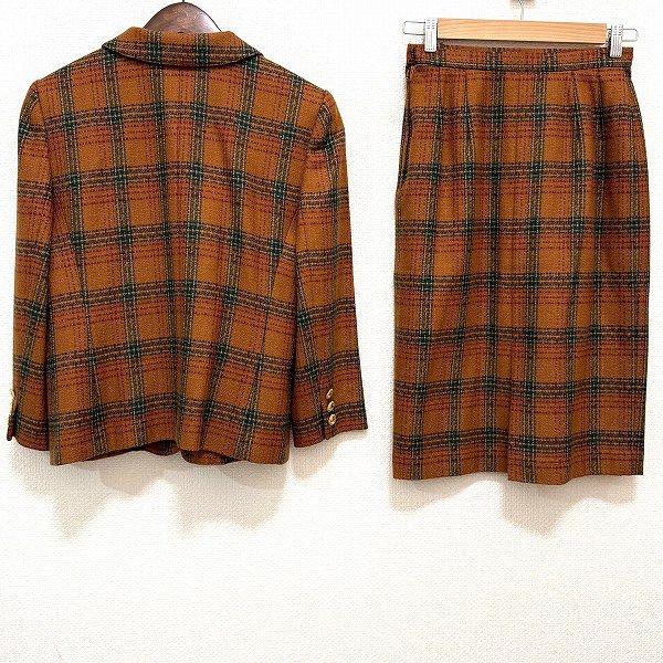 wnc レリアン Leilian スカートスーツ 9 オレンジ系 緑 赤 セットアップ ツーピース チェック 金ボタン レディース 965624