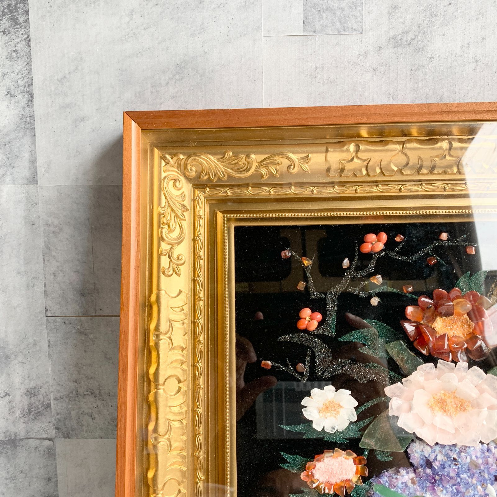 ストーンアート 山梨美術 手工芸 美術品 石細工 貴石画 天然石 花 額縁