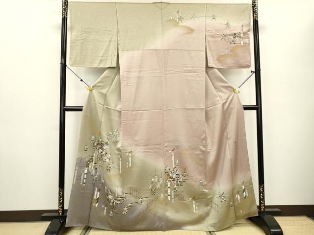 平和屋着物▽上質な紬 単衣 孔雀花文 正絹 逸品 未使用