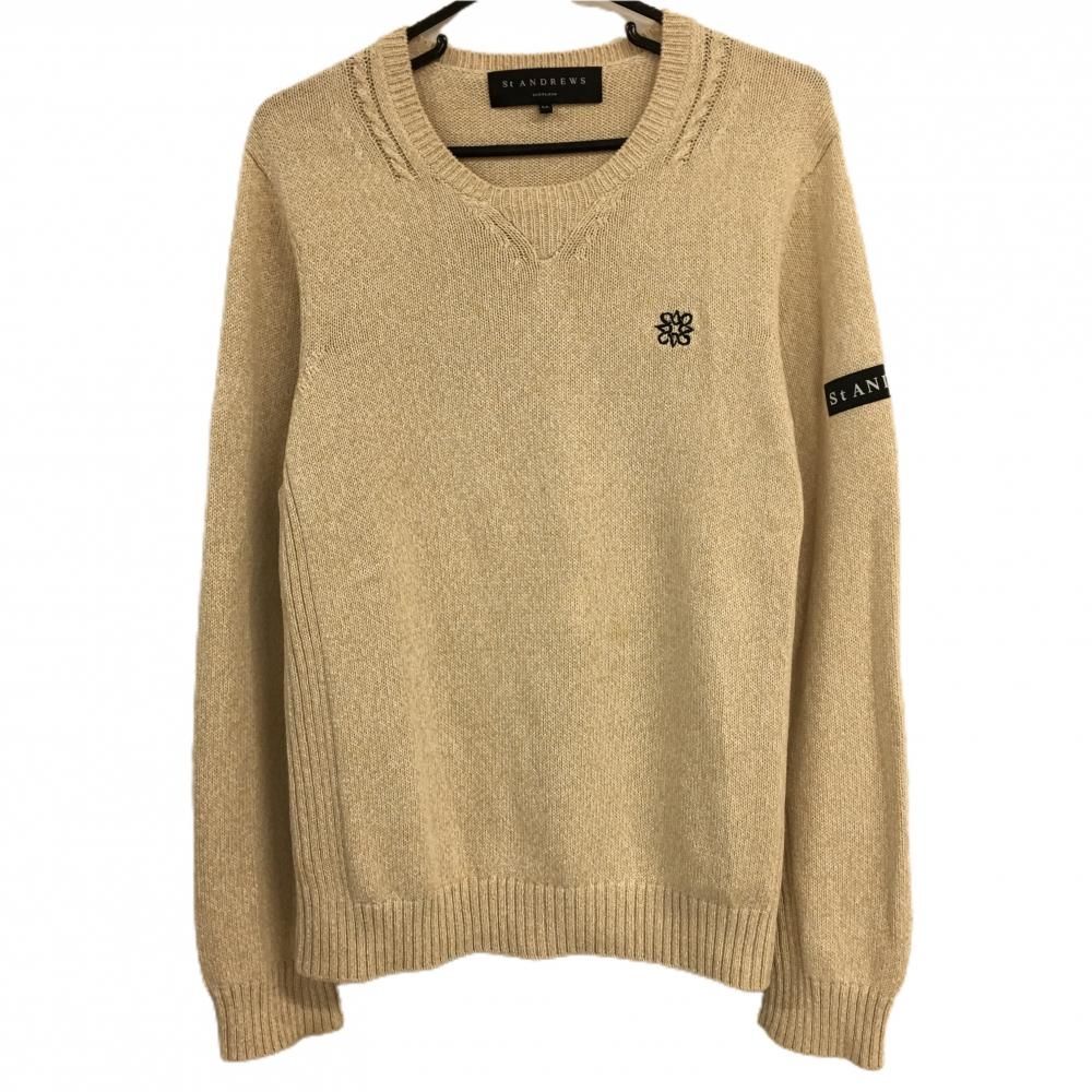 【美品】セントアンドリュース セーター ライトベージュ 袖ロゴワッペン ニット コットン100％ メンズ LL ゴルフウェア St ANDREWS ☆SALE価格☆【美品】セントアンドリュース セーター ライト