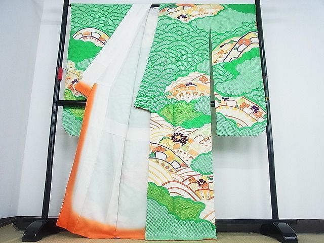 平和屋-こころ店□豪華振袖 駒刺繍 絞り 片輪車花雲文 金彩 着丈167cm