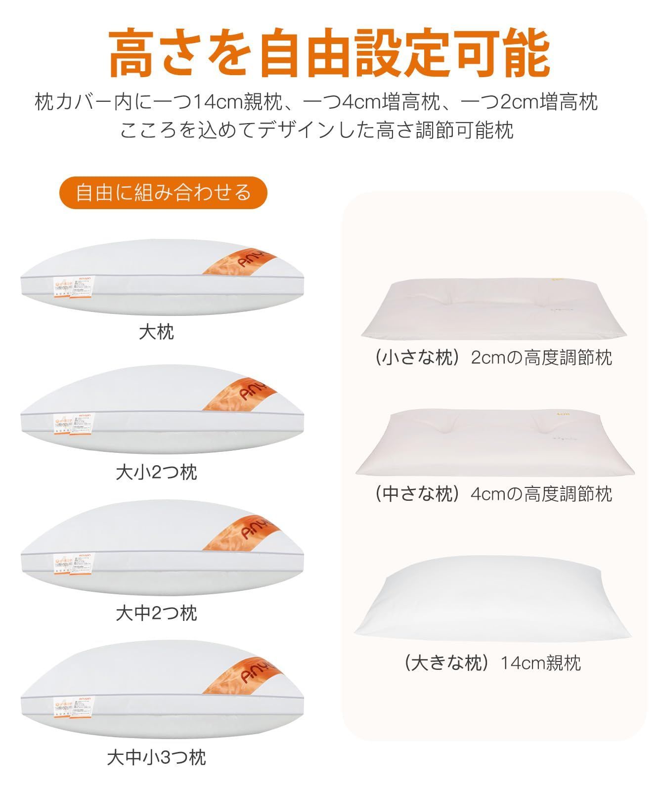 高反発枕 カバー２枚付き　丸洗い可能　立体構造63x43x20cm (グレー)