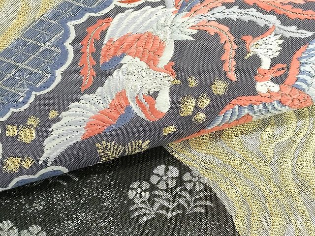 平和屋着物▽六通柄袋帯 唐織 加賀桧扇紋 黒地 金銀糸 正絹 逸品