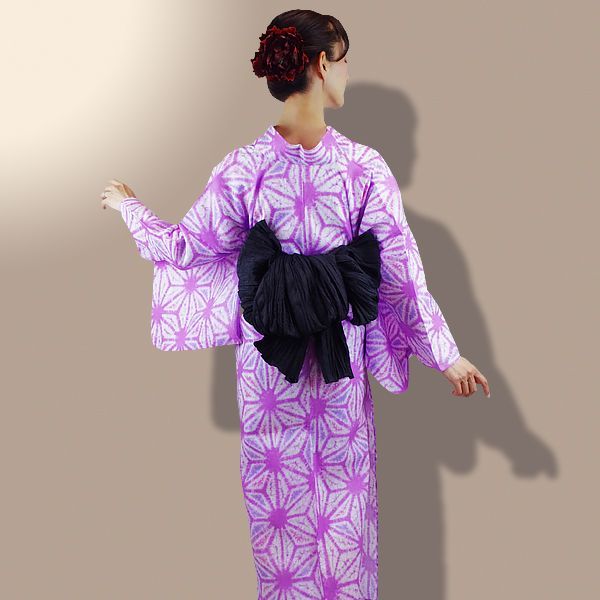 紫色の絞り風麻の葉文様 浴衣単品 ゆかた レディース 女性 カジュアル