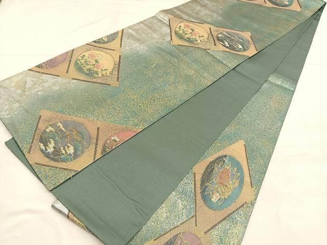 袋帯 市松 蒔絵貝合文 金彩 素敵なデザイン 六通 正絹 T-3884 袋帯 市松 蒔絵貝合文 金彩 素敵なデザイン 六通 正絹 T-3884 袋帯