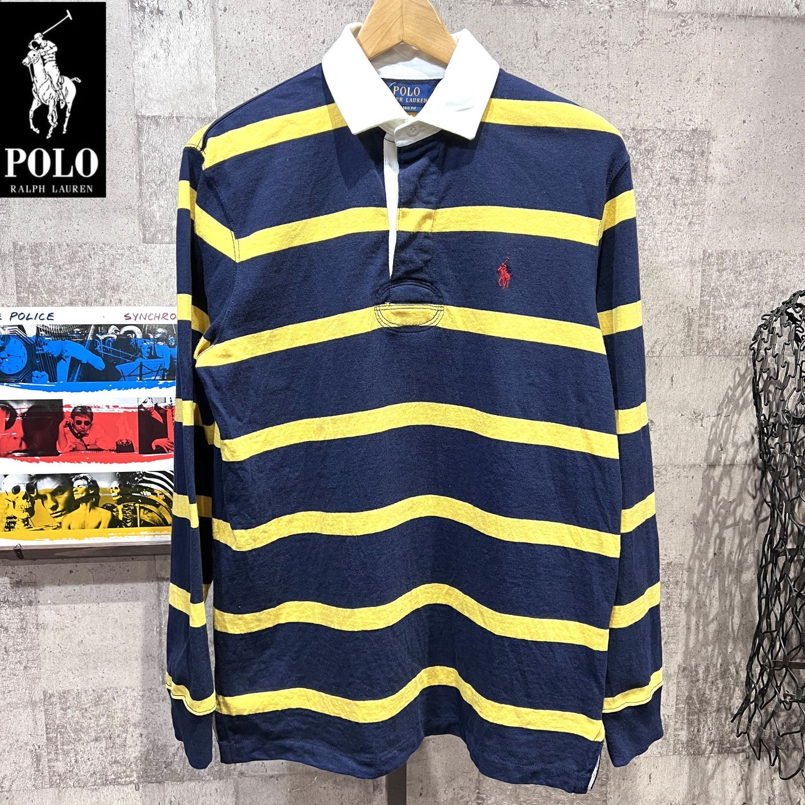 美品 ポロラルフローレン 正規 ラガーシャツ 紺黄 S POLO RALPH LAUREN