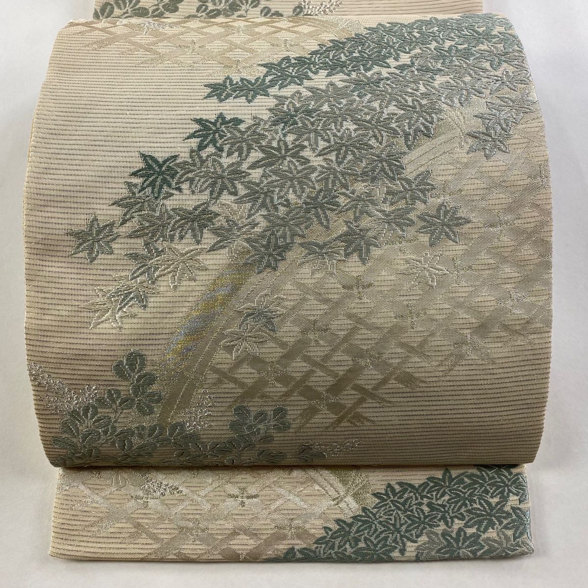 袋帯 秀品 夏帯 絽 萩 楓 銀糸 箔 ベージュ 六通 正絹